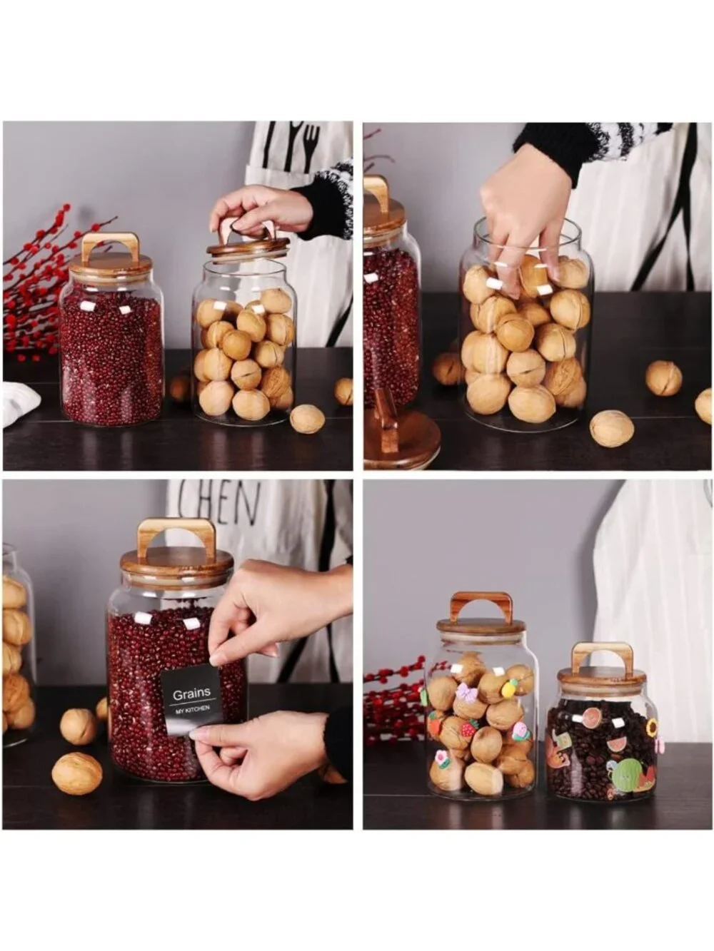 Airtight Glass Canister Set of 2 with Acacia Lids for Kitchen Storage - Food